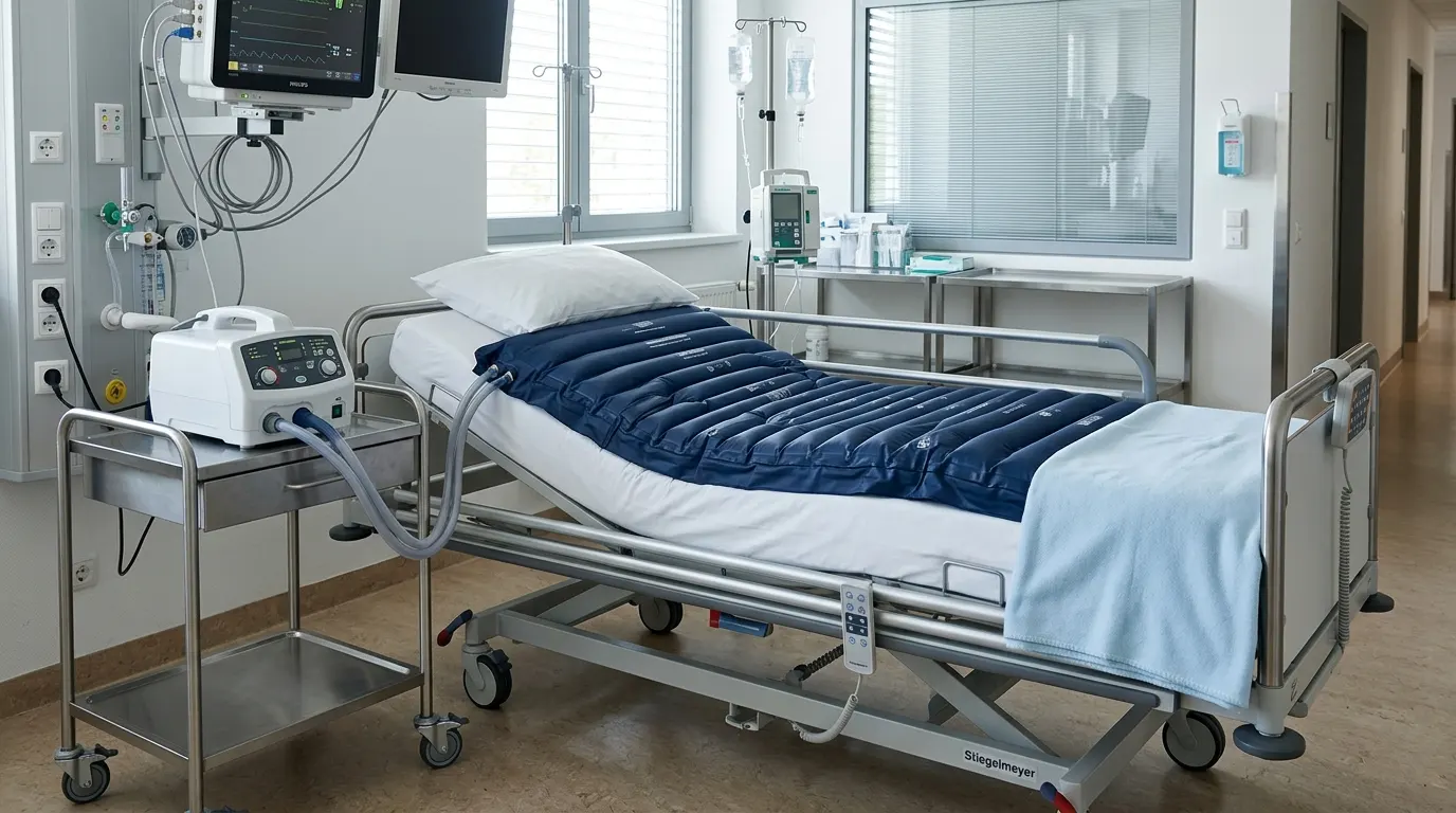 Luftbett auf Intensivstation Wechseldruckmatratze mit separatem Gebläsegerät.