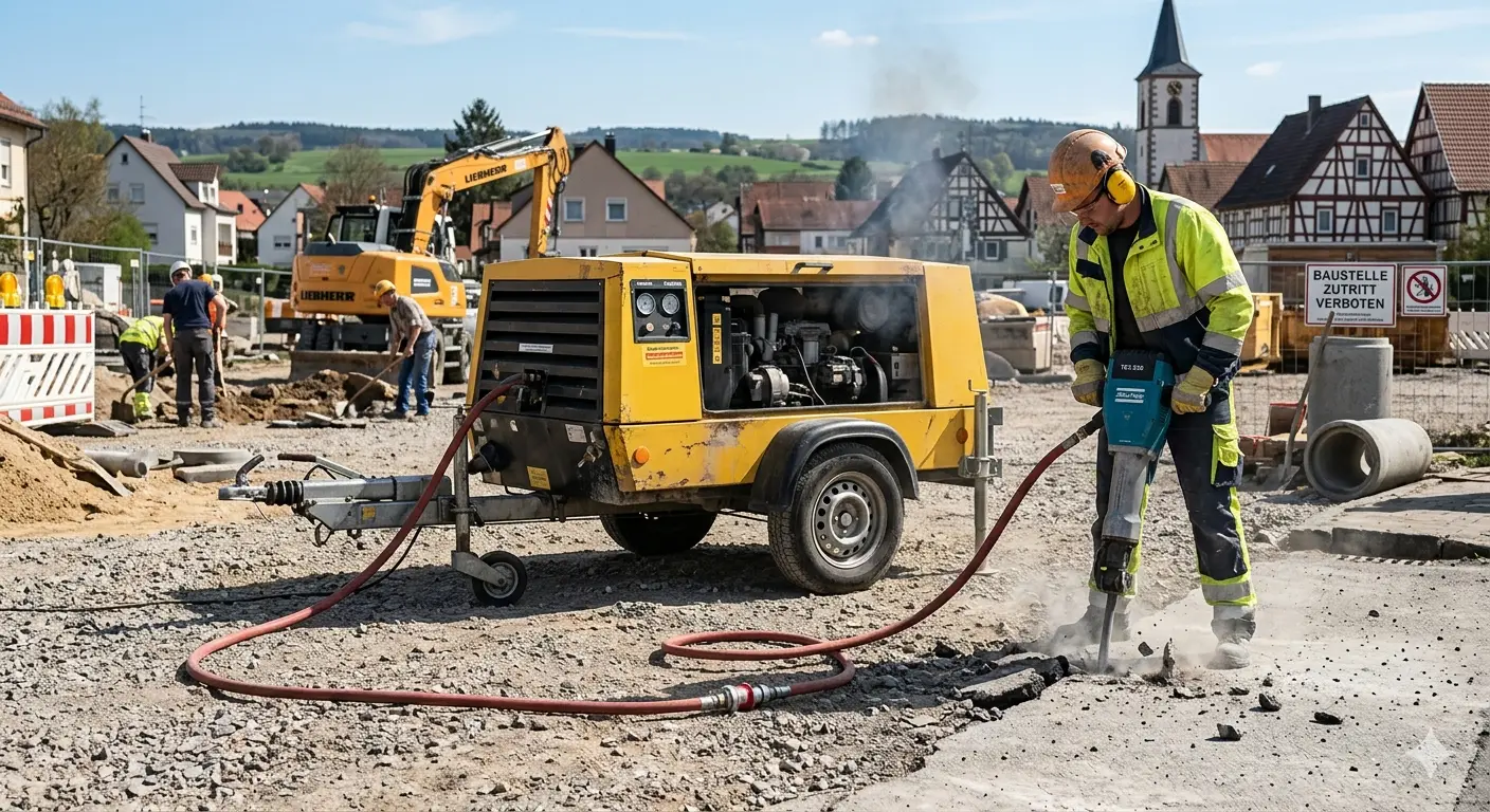 mobilder Diesel Kompressor auf Baustelle mit Presslufthammer
