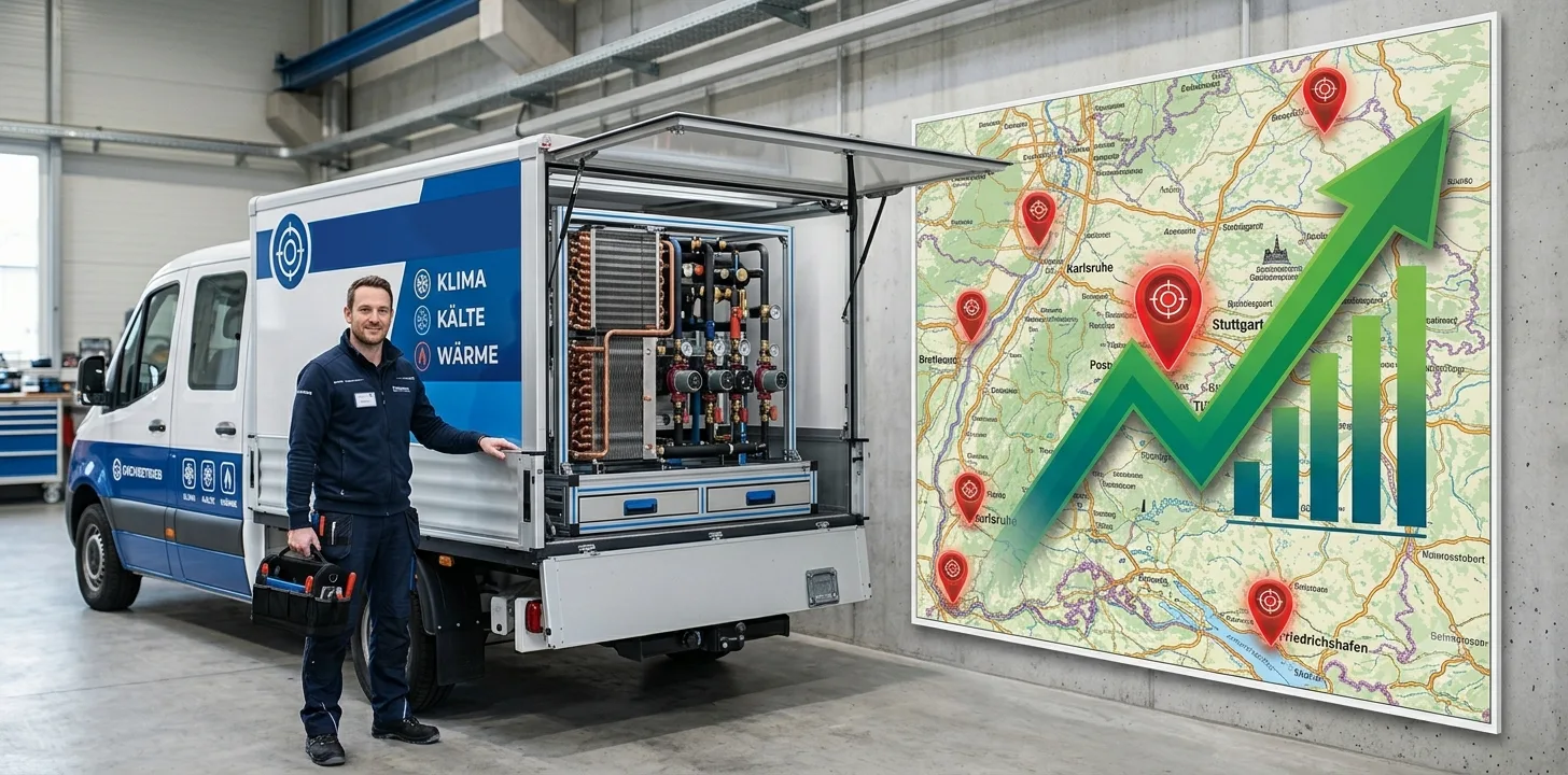 Ein Servicefahrzeug mit Wärmetauscher-Modul auf der Ladefläche vor einer Karte mit mehreren regionalen Standort-Pins