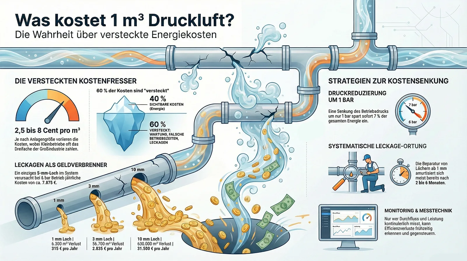 was kostet 1 m³ Druckluft versteckte Leckage Kosten
